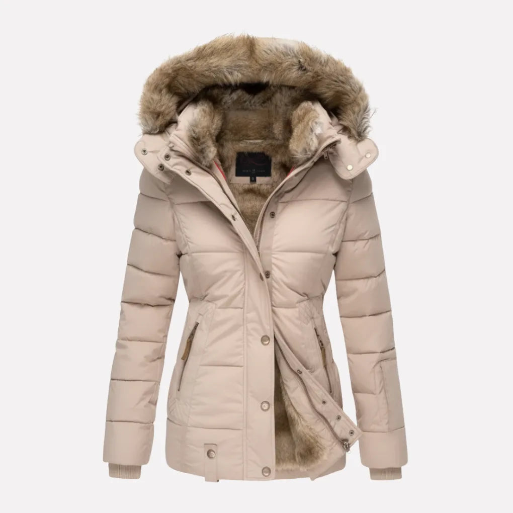 Beige quilted hooded jacket shown from the front, open at the zip to reveal a soft faux fur lining