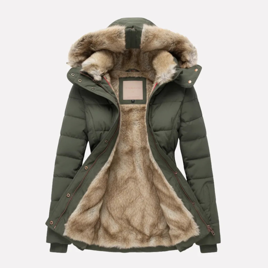 Olive green quilted jacket with faux fur hood shown open, revealing the plush tan faux fur inner lining