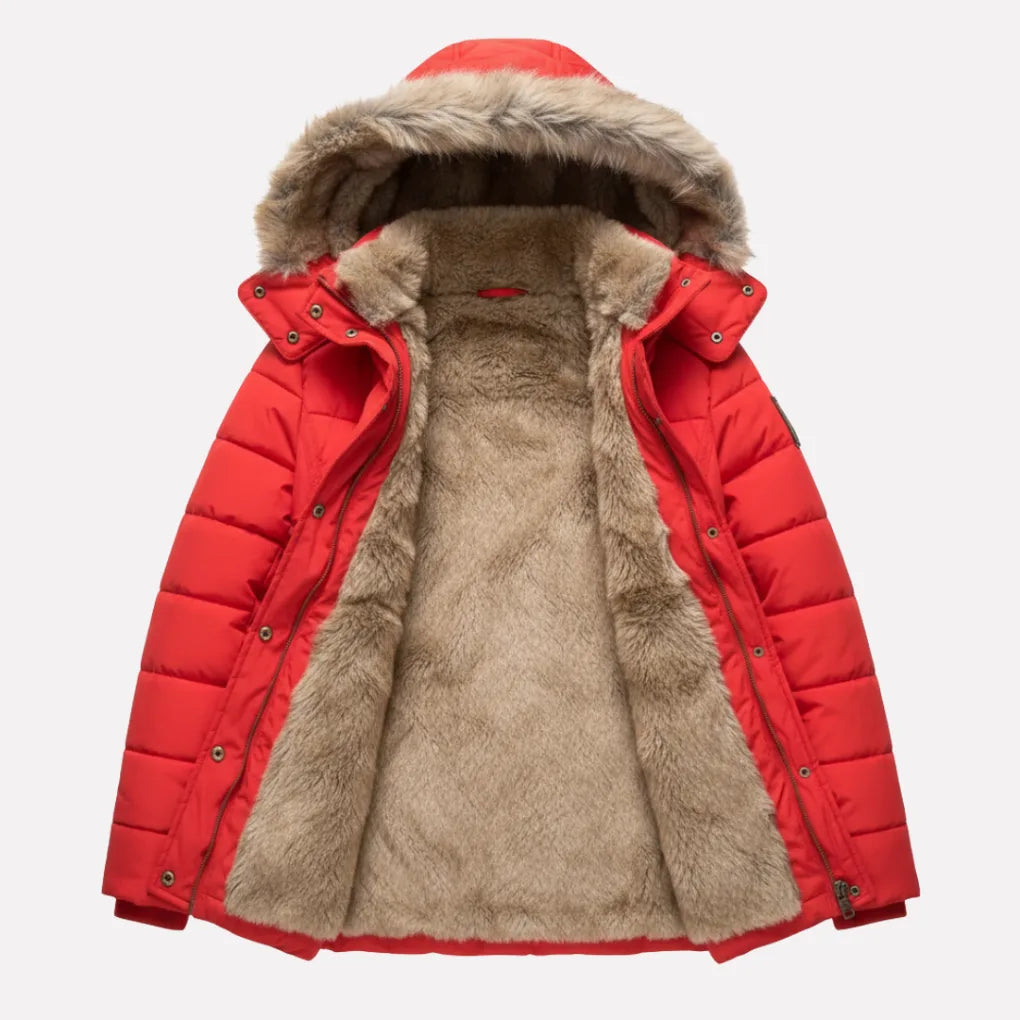 Red quilted hooded jacket shown fully open, displaying the tan faux fur trim and lining in detail