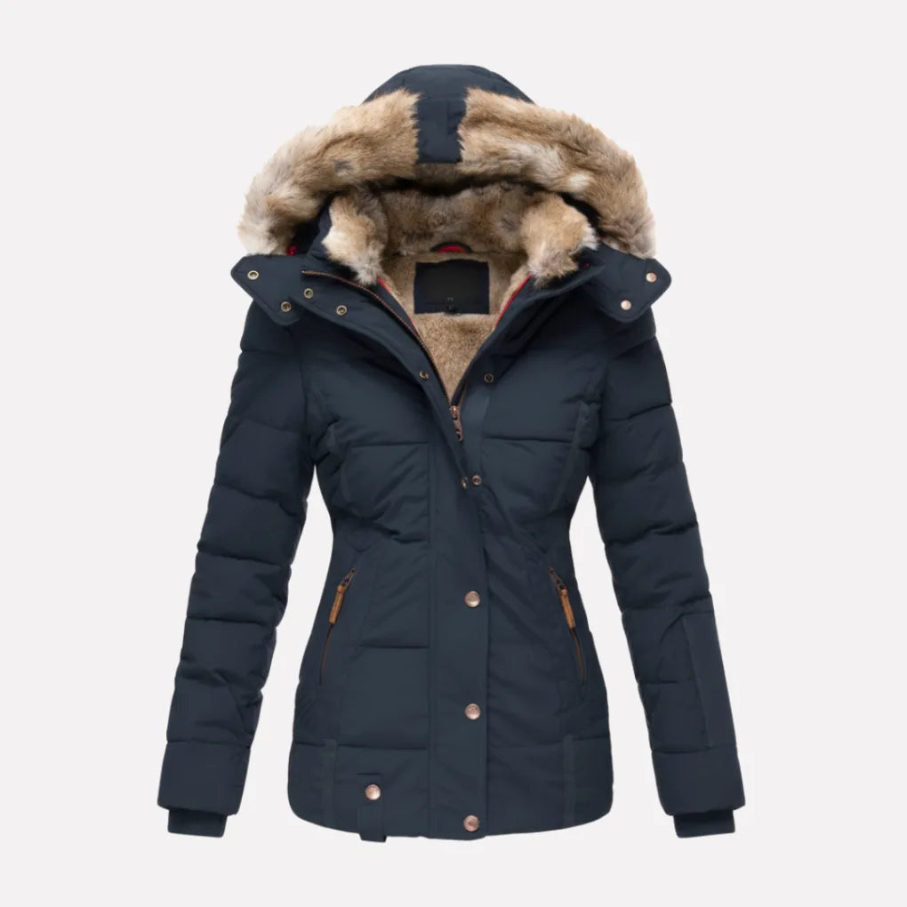 Navy blue quilted hooded jacket with faux fur trim, shown buttoned and zipped from the front