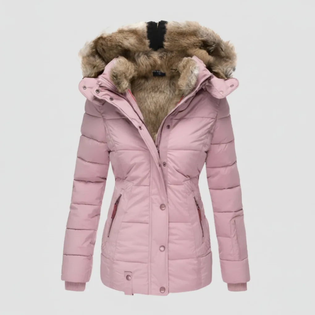 Pink quilted hooded jacket with faux fur trim, shown from the front against a plain background