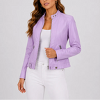 Lilac faux leather jacket with stand collar worn open, highlighting the zip pocket and seam detailing