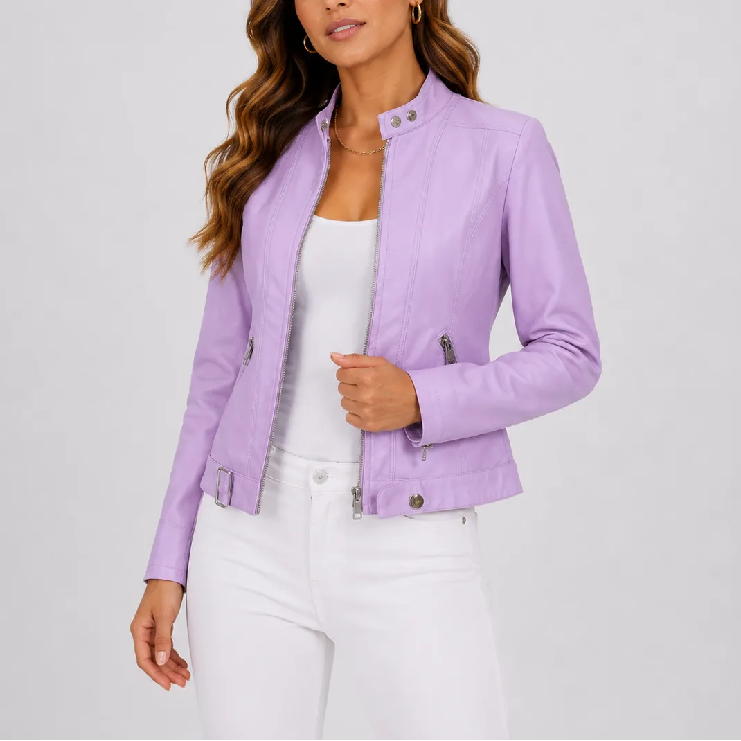 Lilac faux leather jacket with stand collar worn open, highlighting the zip pocket and seam detailing