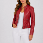 Deep red faux leather biker jacket shown unzipped, revealing the stitched panel detailing at the front