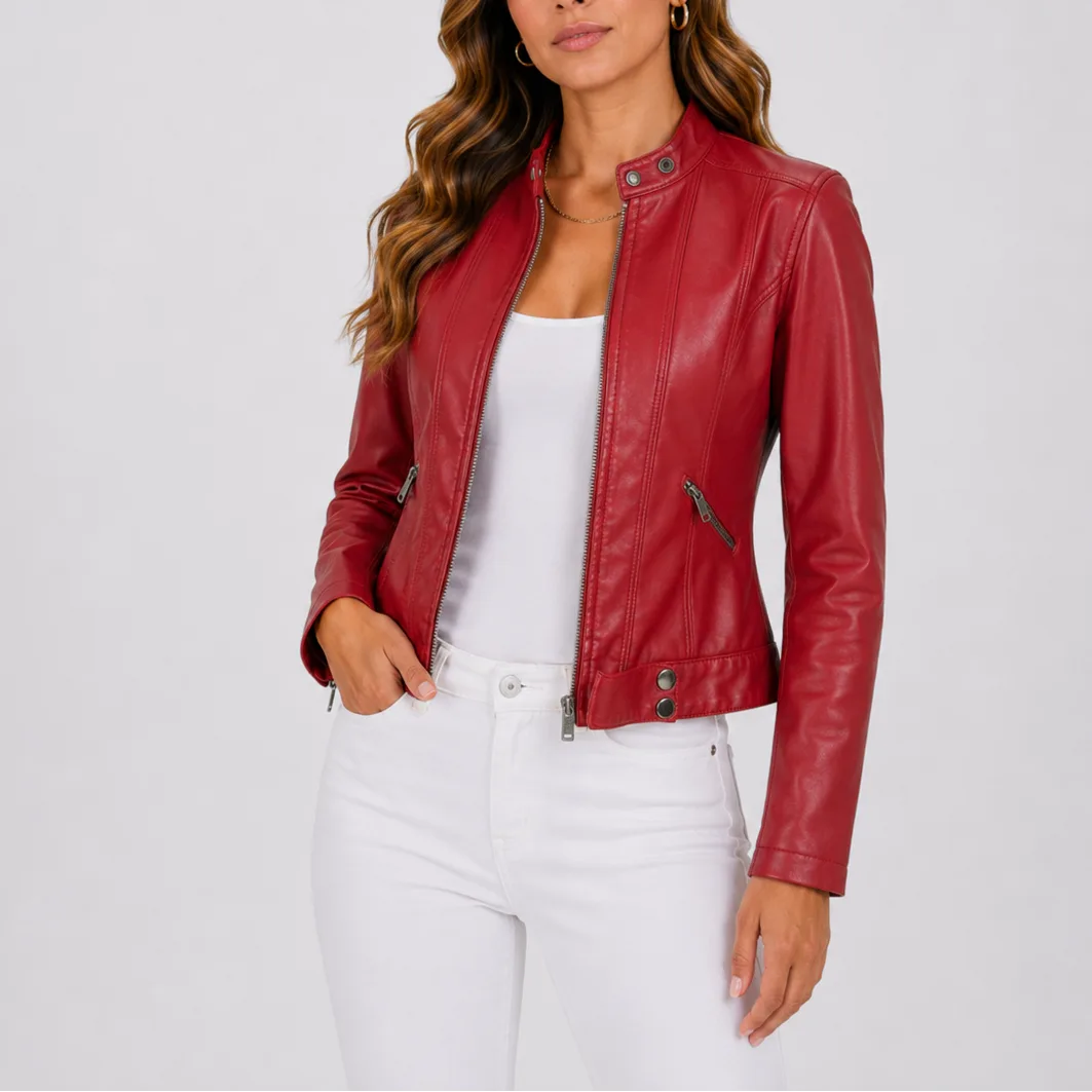Deep red faux leather biker jacket shown unzipped, revealing the stitched panel detailing at the front