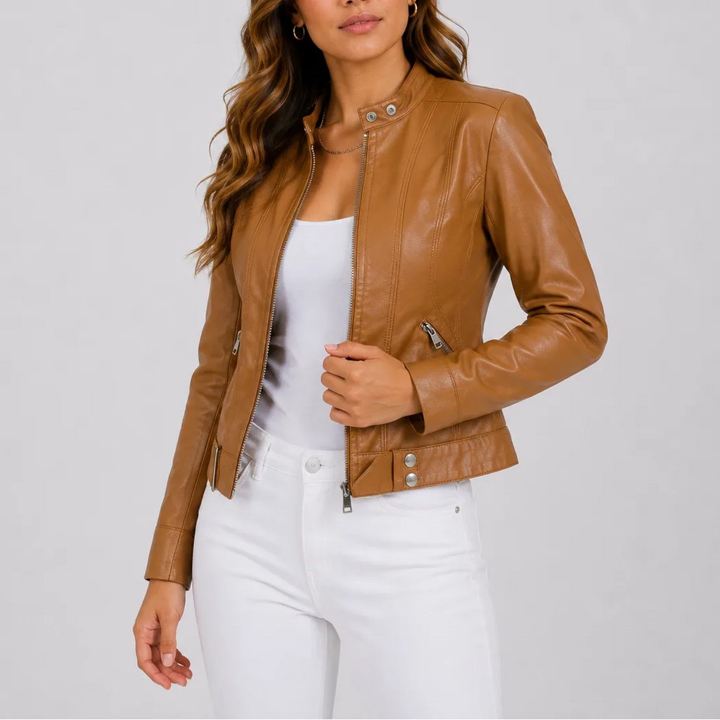 Light brown (tan) faux leather jacket worn open, showing the fitted waist tab and sleeve seam stitching