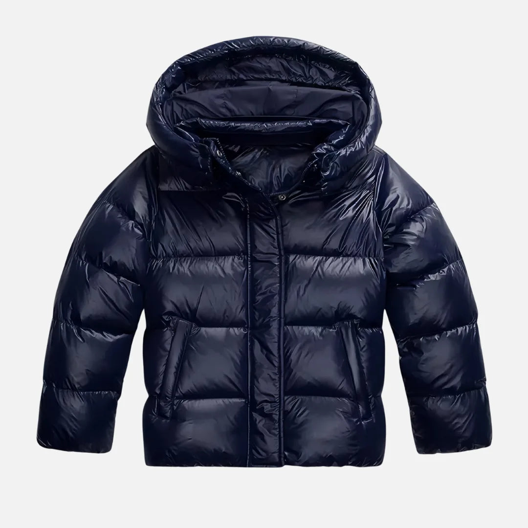 Flat lay of the navy glossy puffer jacket with hood, front zip and welt pockets, no model