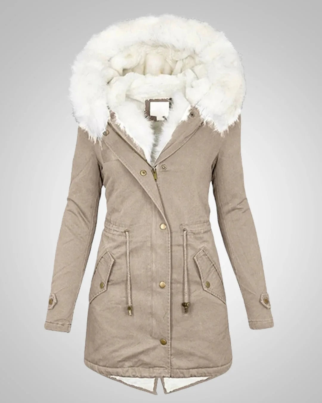 Beige parka coat with large white faux fur trimmed hood, drawstring waist and press-stud front closure