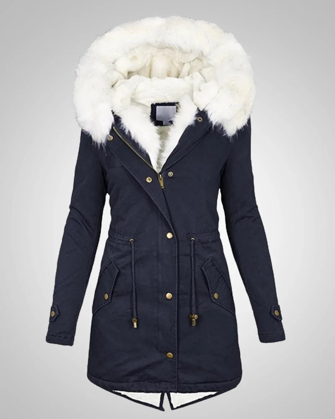 Navy blue parka jacket with plush white faux fur hood, brass zip and twin drawstring pockets