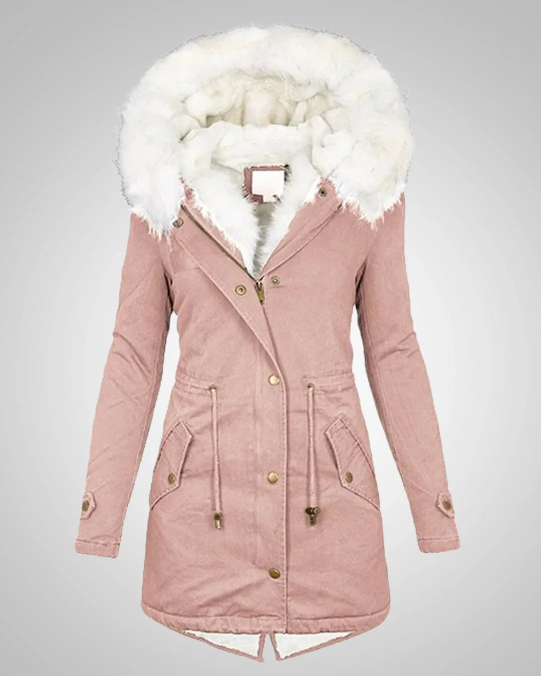 Blush pink parka coat with cream faux fur hood, front snap buttons and adjustable waist ties