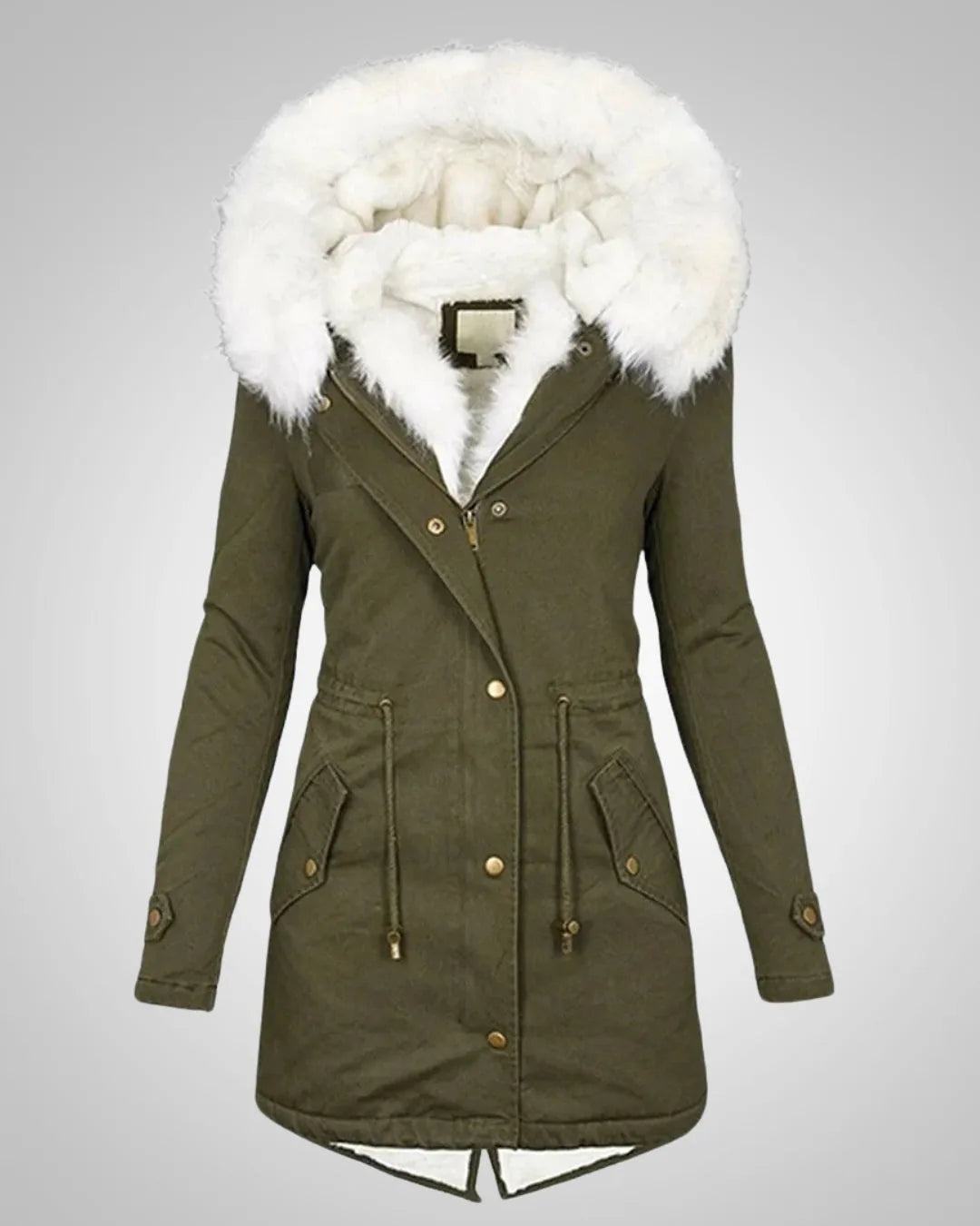 Khaki green parka jacket with white faux fur trimmed hood and dual flap pockets with poppers