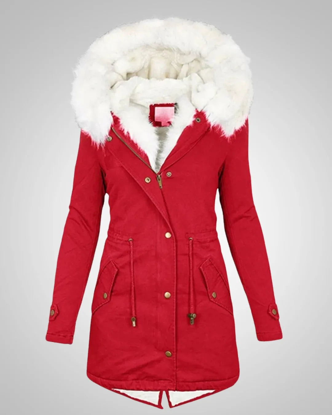 Red parka coat with white faux fur hood, brass hardware zip and drawstring cinched waist
