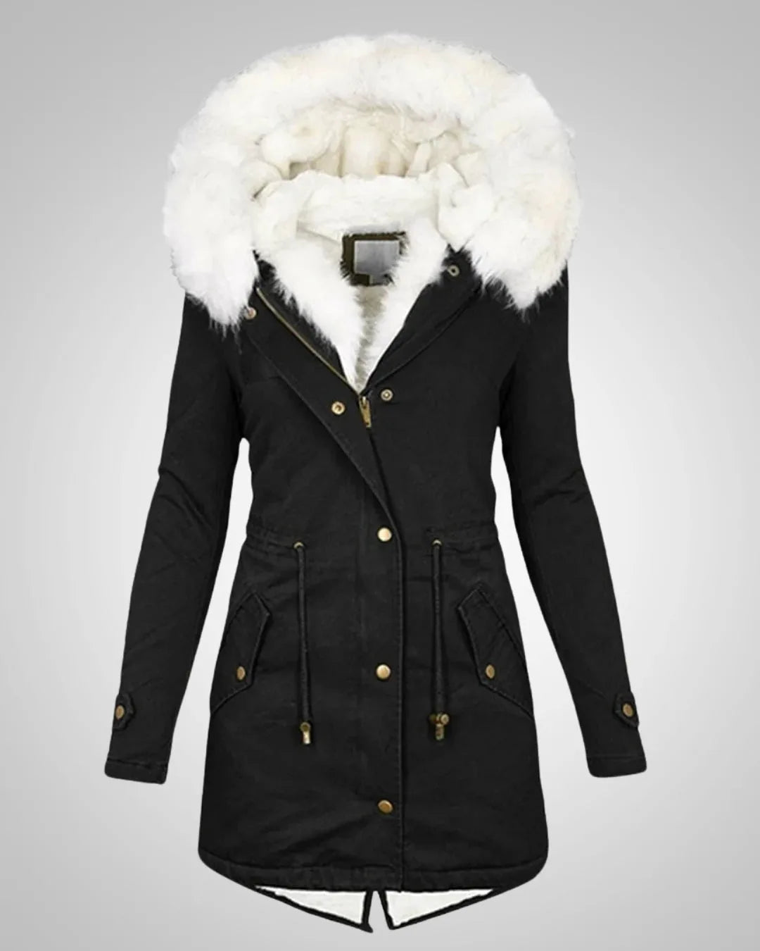 Black parka jacket with white faux fur hood, front zip closure and fleece lined split hem