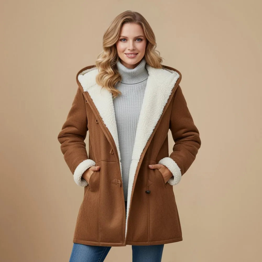 Close-up front view of the tan brown duffle coat showing the toggle closures and cream fleece hood detail