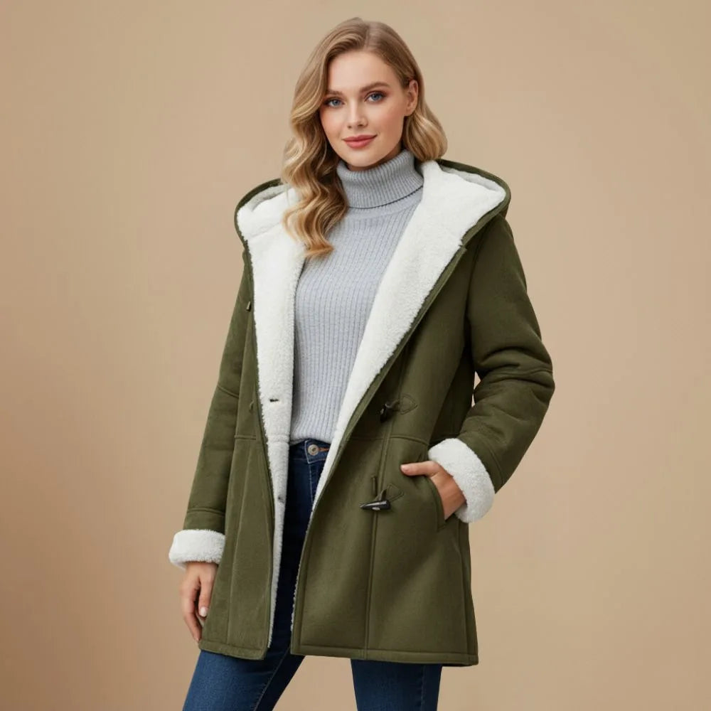 Front view of an olive green hooded duffle coat with cream fleece lining and toggle fastenings worn open