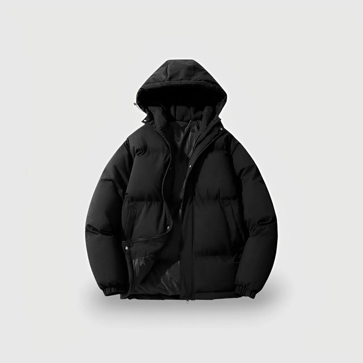 Front view of a black hooded puffer jacket with full zip, snap-button storm flap and side pockets, unzipped to show lining