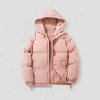 Pink hooded puffer jacket laid flat, showing drawstring hem, chunky zip and quilted panel construction