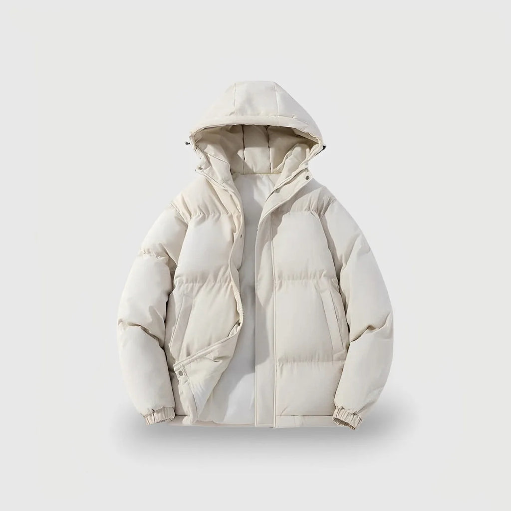 Cream puffer jacket with hood, front zip open to reveal the inner lining, elasticated cuffs and side pockets
