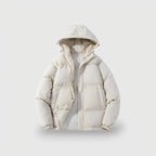 Cream puffer jacket with hood, front zip open to reveal the inner lining, elasticated cuffs and side pockets