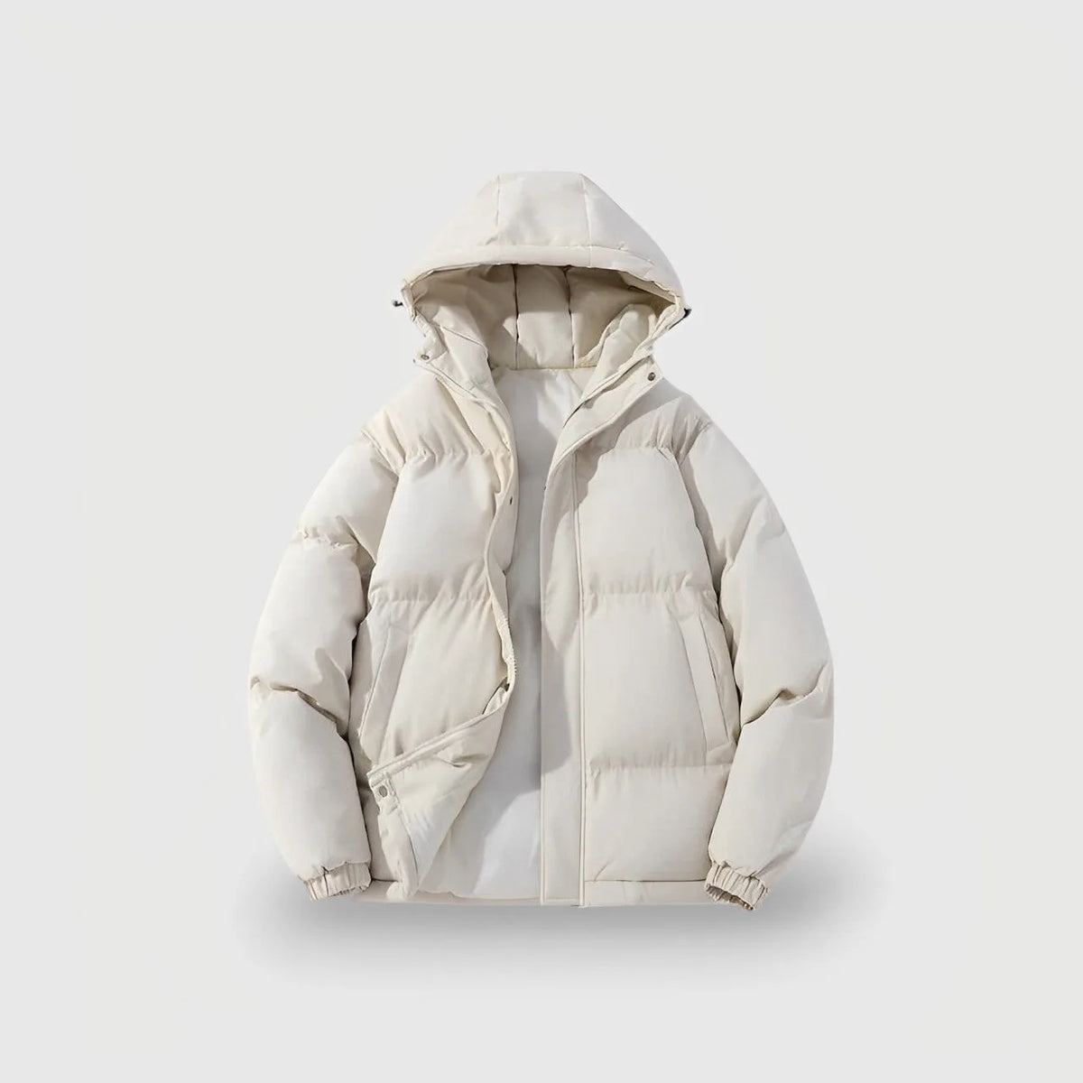 Cream puffer jacket with hood, front zip open to reveal the inner lining, elasticated cuffs and side pockets
