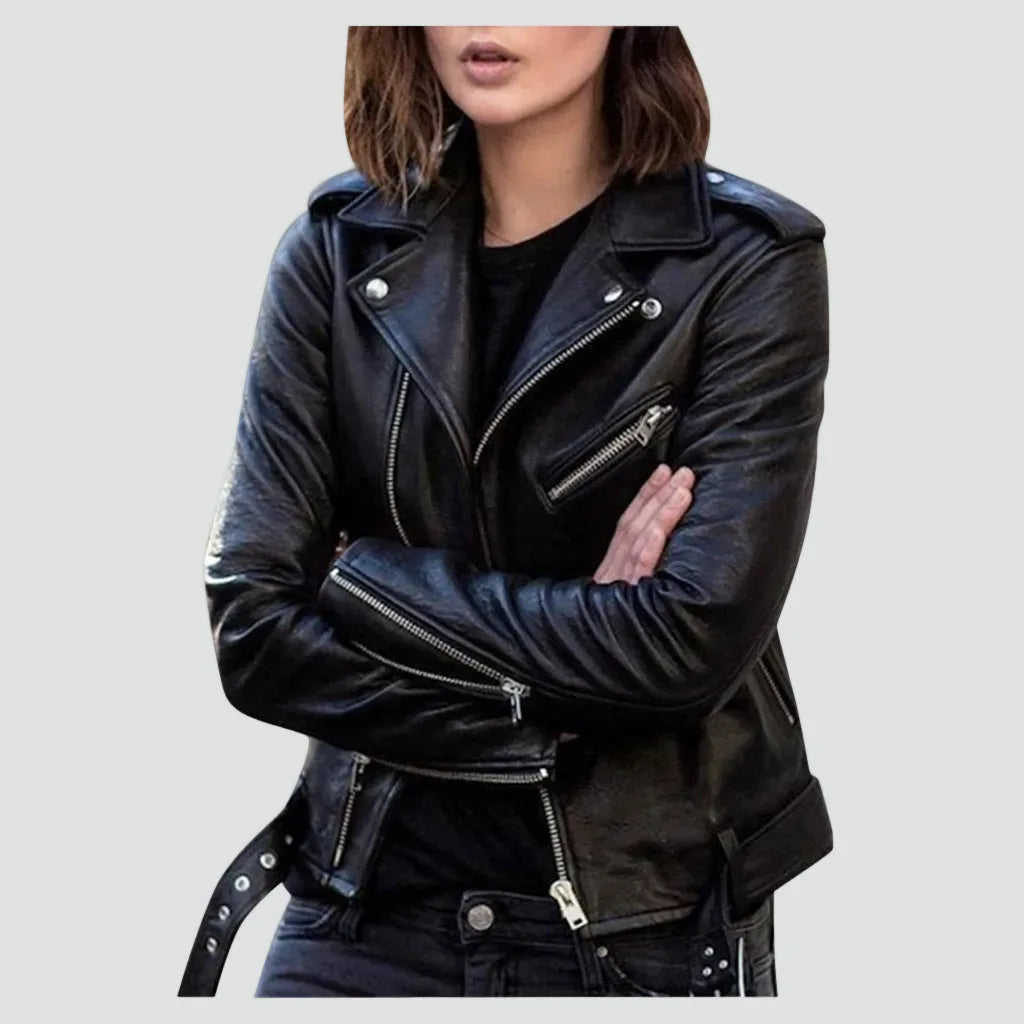 Black leather biker jacket with notched lapel, diagonal zip fastening and zipped chest pocket