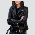 Black leather biker jacket with notched lapel, diagonal zip fastening and zipped chest pocket