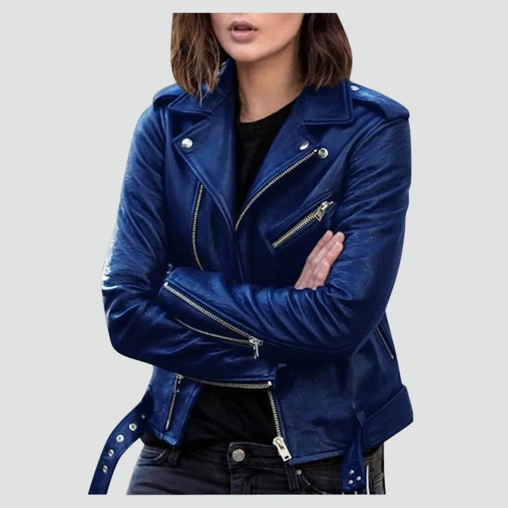 Deep blue leather biker jacket showing cropped fit, buckle collar tabs and silver hardware