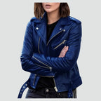 Deep blue leather biker jacket showing cropped fit, buckle collar tabs and silver hardware