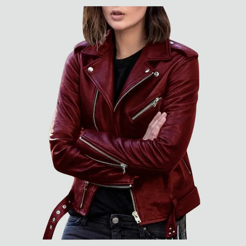 Burgundy wine leather biker jacket with ribbed cuffs, zipped sleeve detail and tie waist belt