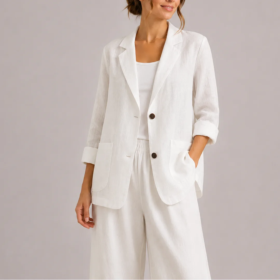 White linen blazer worn open, showing textured woven fabric, patch pockets and dark buttons against a matching outfit