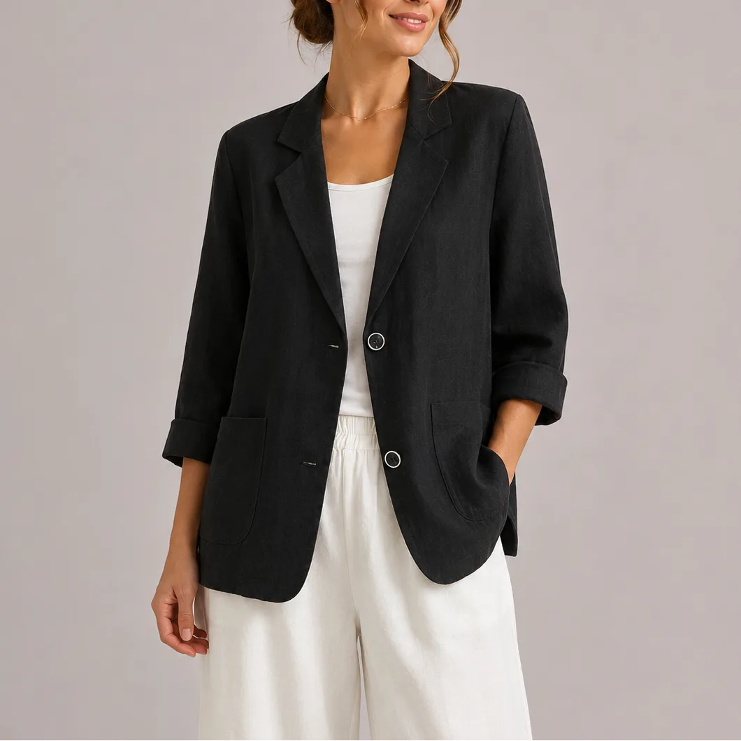 Black linen blazer with silver-tone buttons and rolled sleeves, styled with white wide-leg trousers