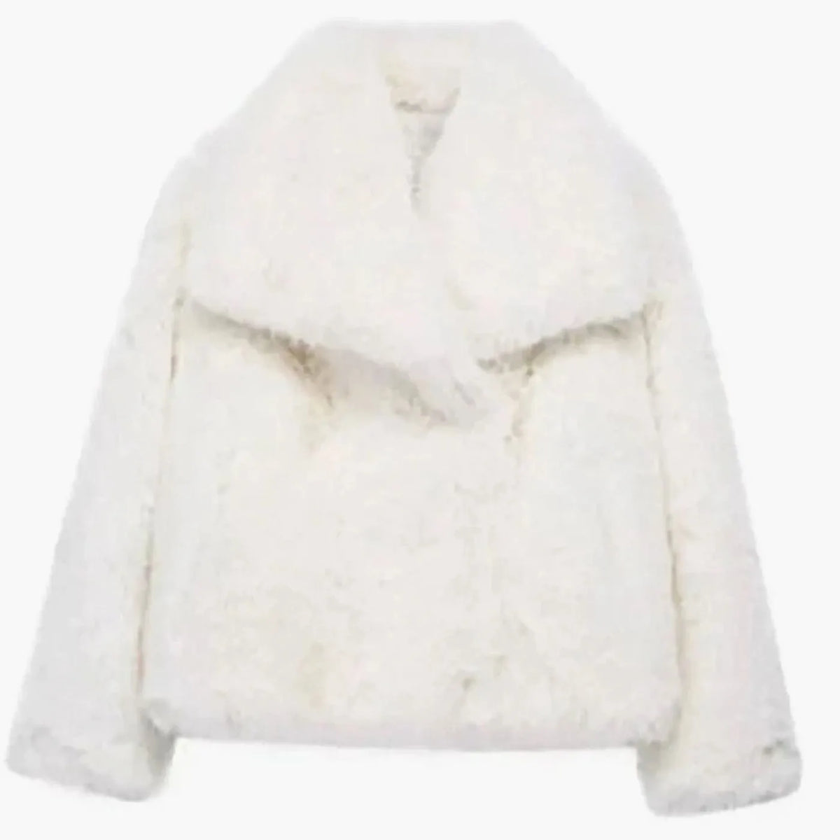 Ivory white faux fur cropped jacket, front view flat lay showing wide collar and open front