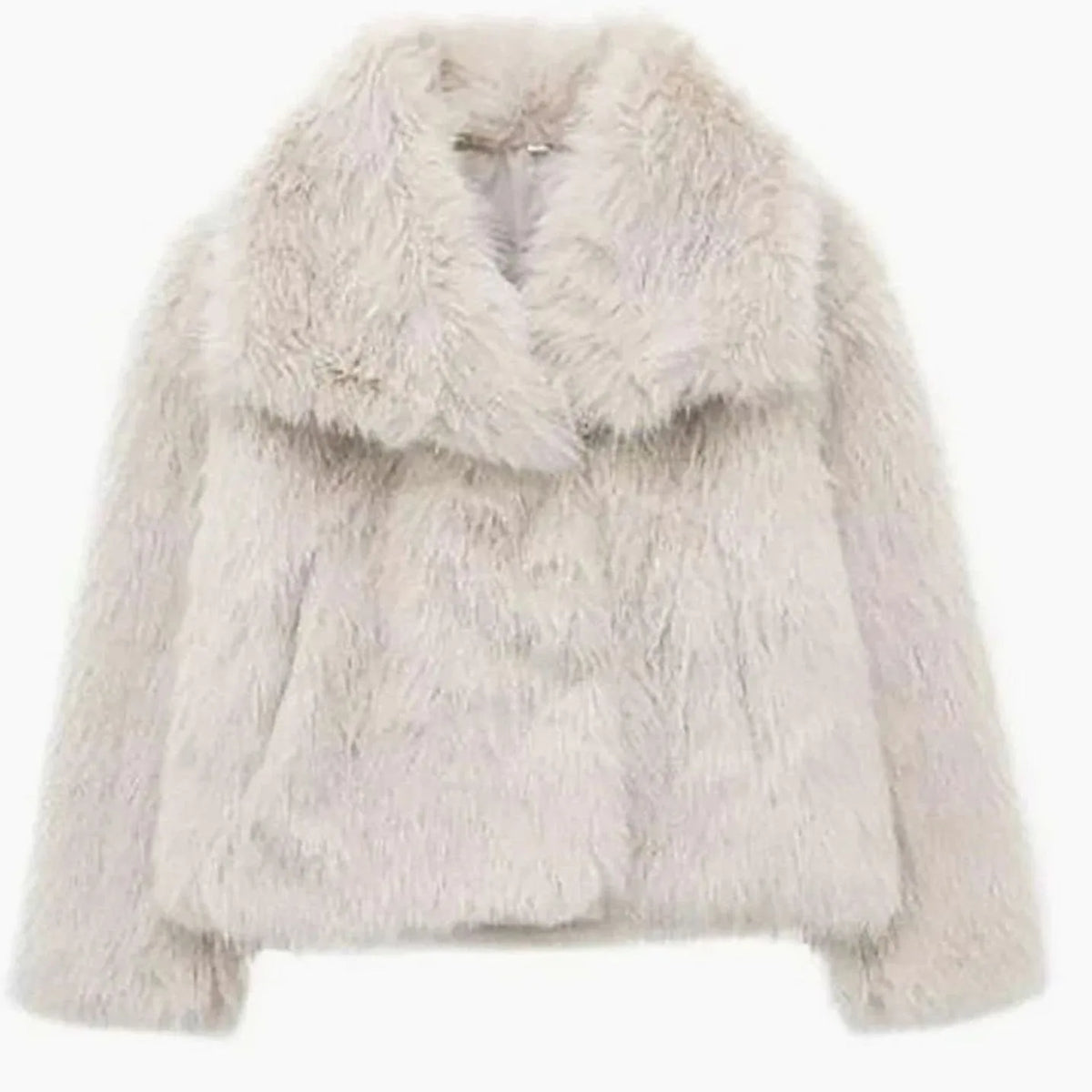 Cream faux fur cropped jacket, flat lay showing fluffy texture and oversized collar