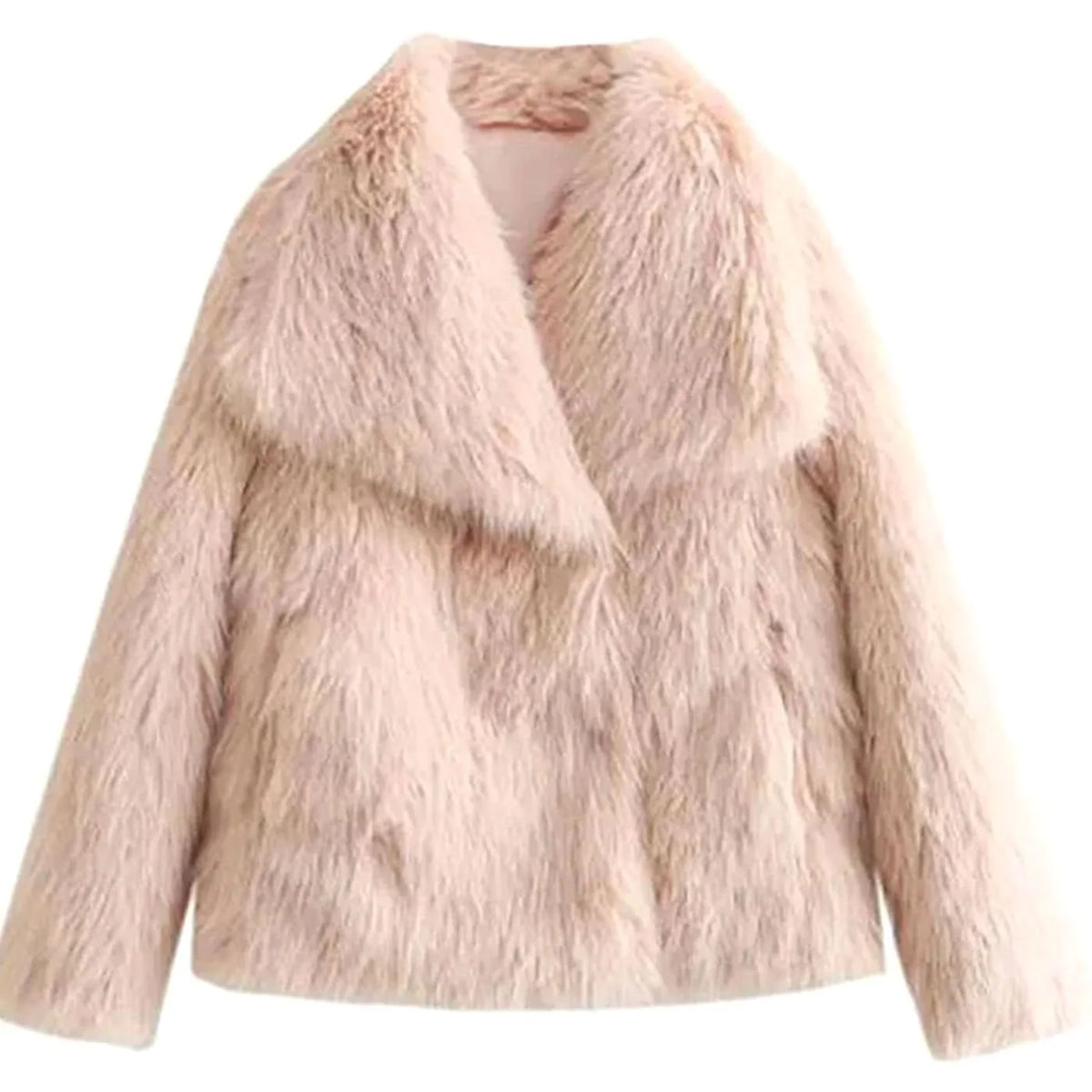 Light pink faux fur cropped jacket, flat lay view highlighting shaggy texture and wide lapel