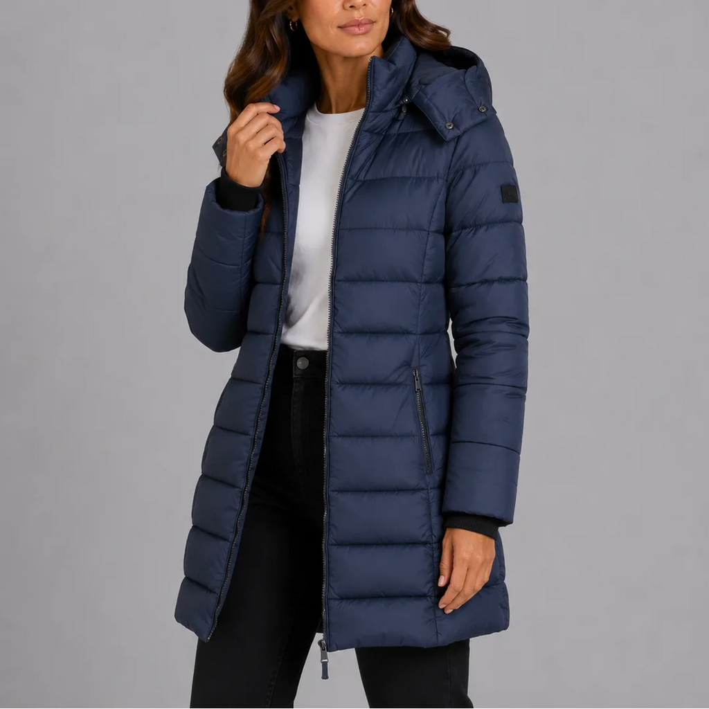 Front view of a navy quilted longline puffer jacket worn open over a white t-shirt with the hood up