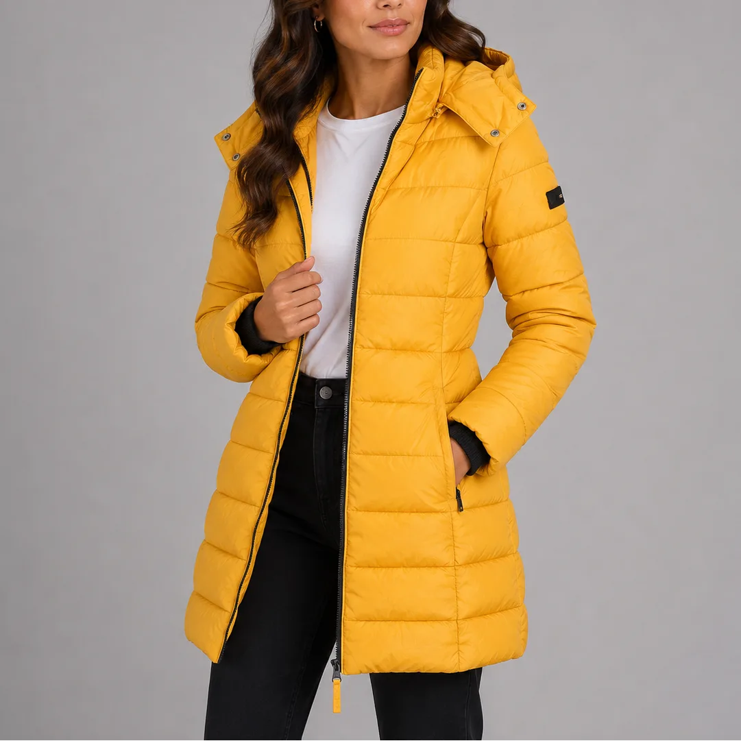 Mustard yellow hooded puffer jacket worn open, showing the ribbed cuff and zip pocket detail