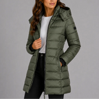 Olive green quilted hooded coat shown unzipped over a white t-shirt and black jeans