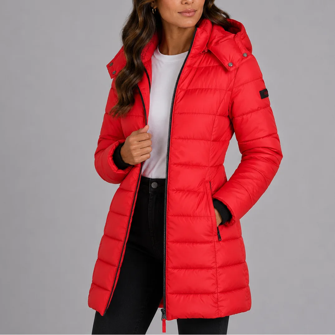 Bright red hooded puffer coat worn open, showing the quilted panelling and popper hood fastening