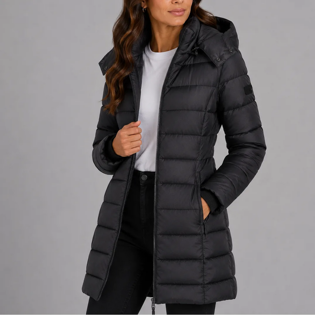 Black quilted hooded puffer jacket shown open, highlighting the zip closure and side pocket