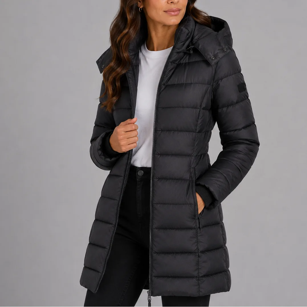 Black quilted hooded puffer jacket shown open, highlighting the zip closure and side pocket