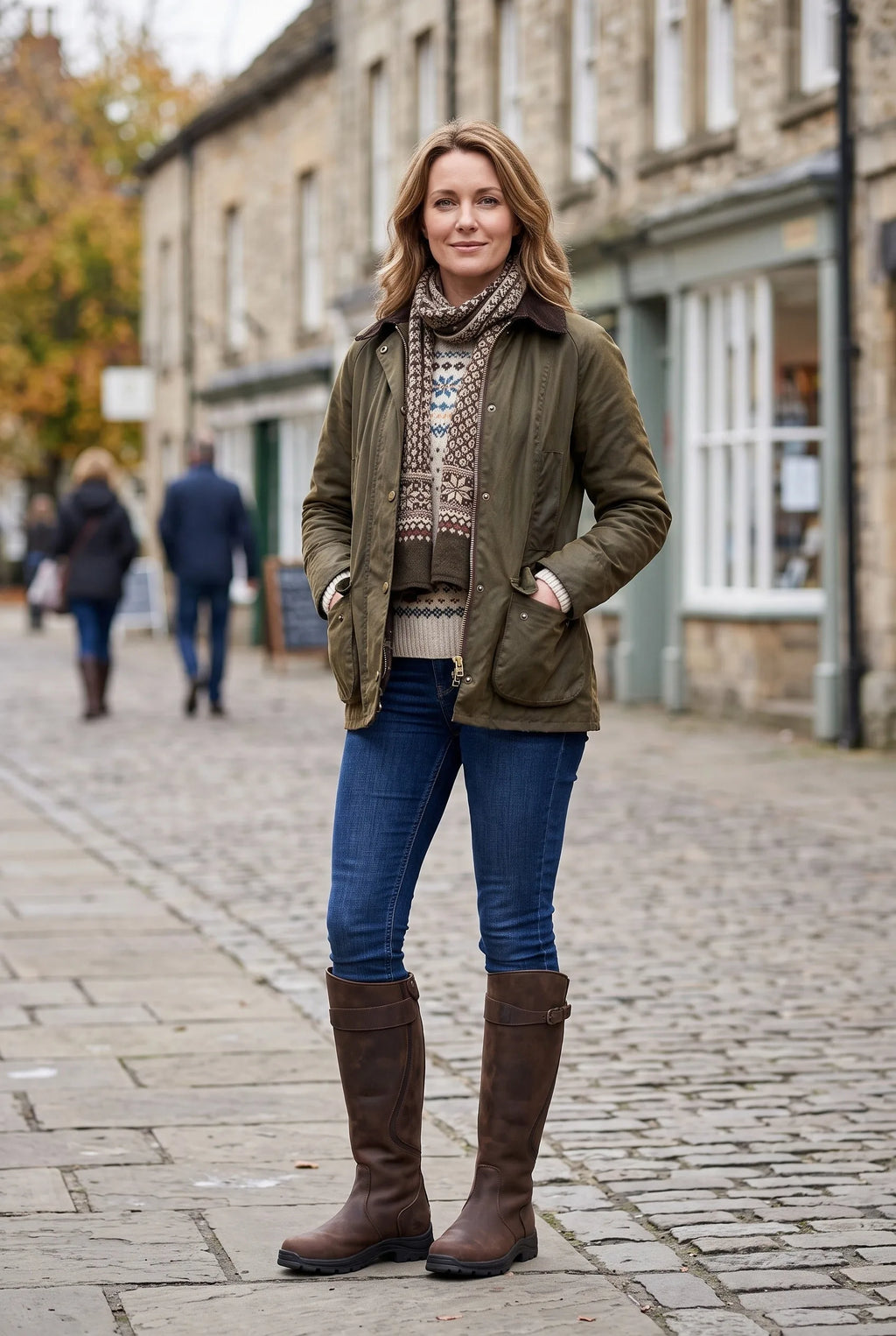 Woman wearing brown knee-high leather boots with skinny jeans, olive jacket and a knitted jumper on a cobbled street