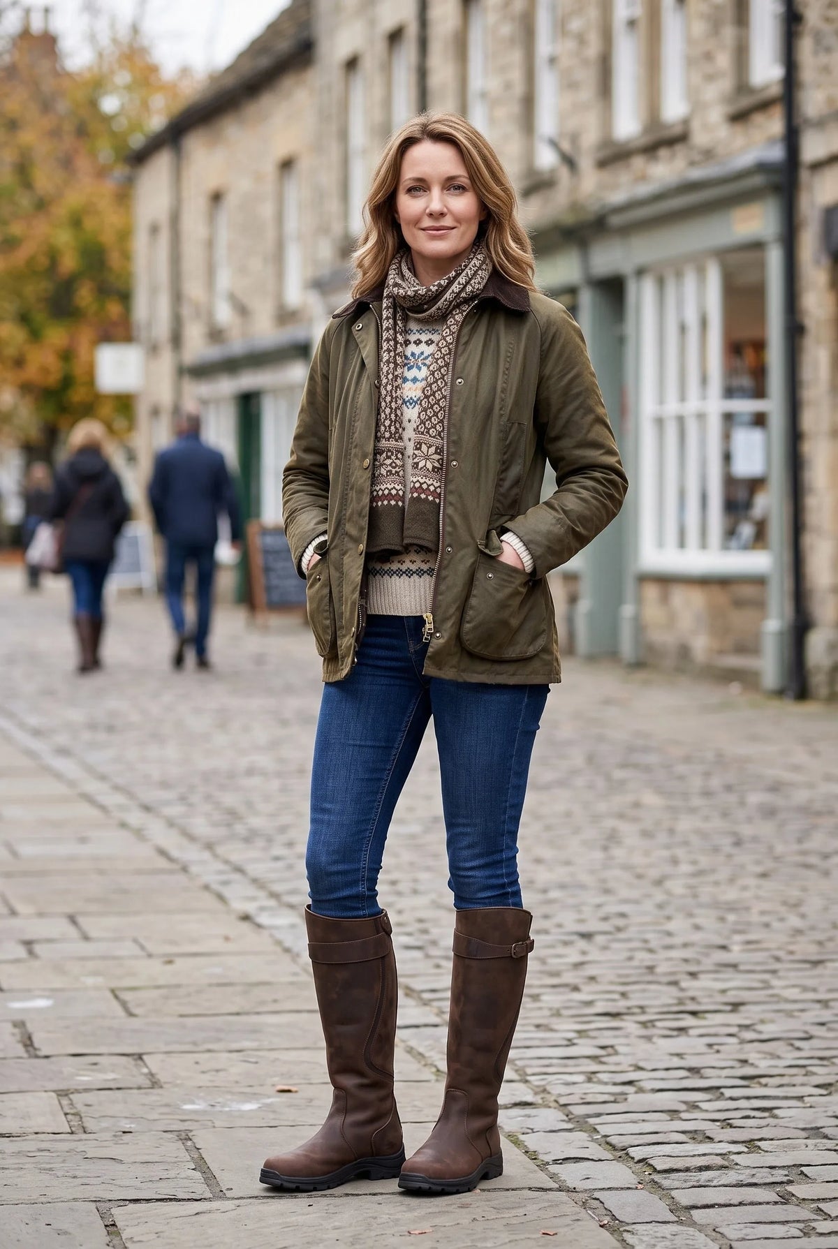 Woman wearing brown knee-high leather boots with skinny jeans, olive jacket and a knitted jumper on a cobbled street